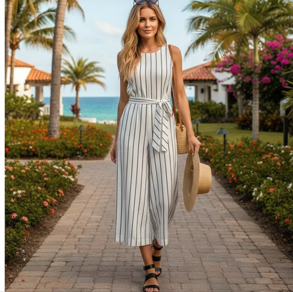 Banana Republic Linen White & Black Stripe Sleeveless Wide Leg Jumpsuit Size 8